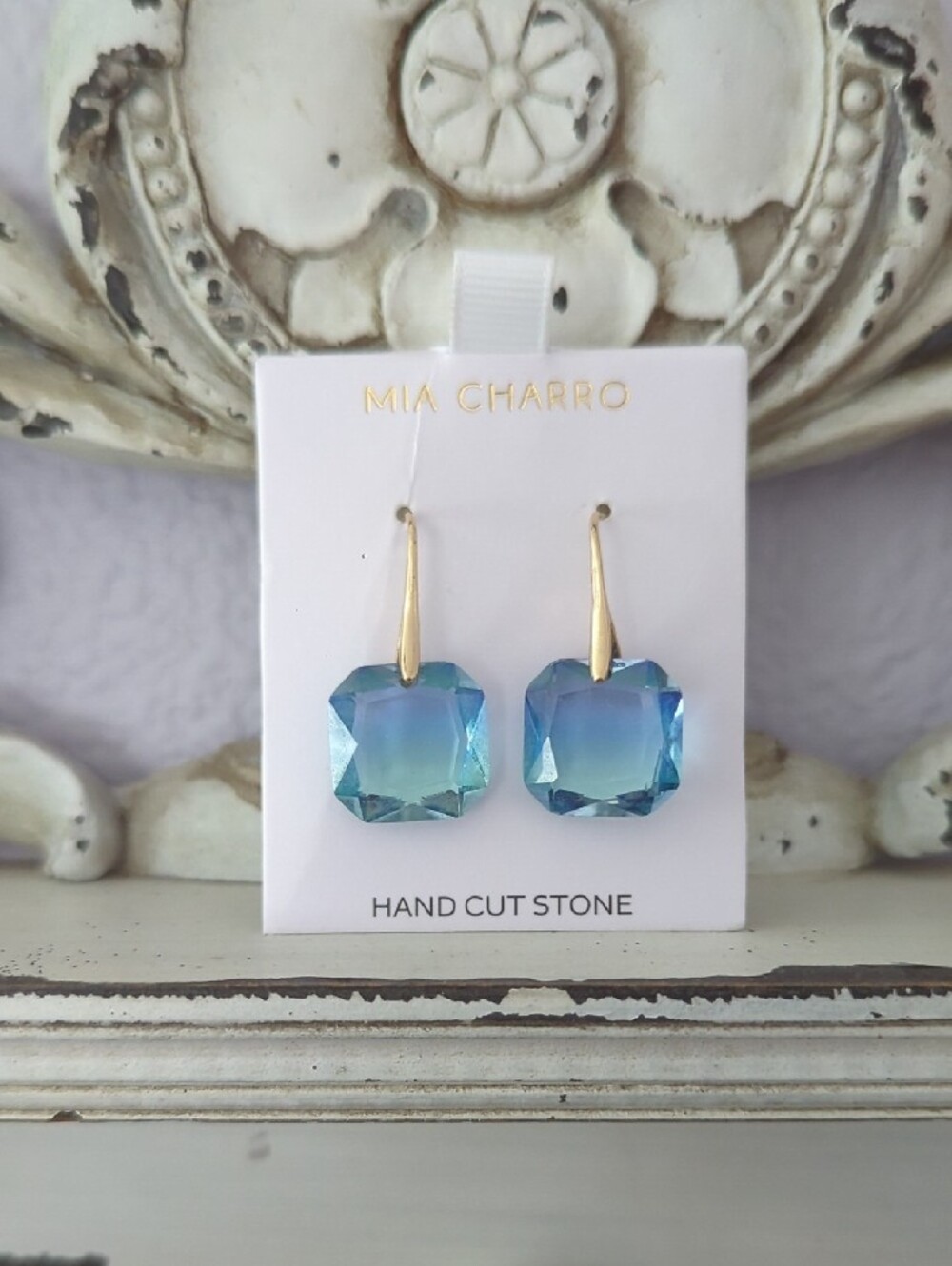 Blue Green Ombre Stone Crystal Drop Earrings Gold Tone Hooks